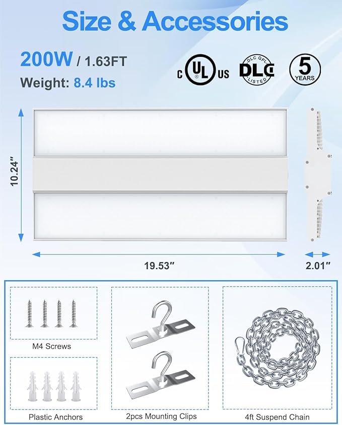 ADUB 8 Pack 200W LED High Bay Shop Light 30000LM, 1.63 FT LED Linear High Bay Light Dimmable 0-10V, 5000K Hanging Shop Light, UL DLC Listed Commercial Bay Light for Warehouse Factory Garage, 100-277V