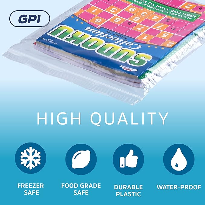 GPI - 12" x 18" Zip Bags, 100 Count, Clear Plastic Reclosable Zipper Poly Baggies, with Resealable Zip Top Lock. for Freezer, Apparel, Clothing, Food, Home & Office Supplies.
