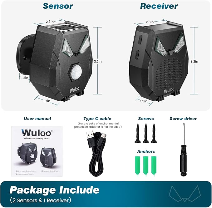 Solar Wireless Driveway Alarm Alert Outside 2000ft Range, Outdoor Motion Sensor & Detector Driveway Alert System with Rechargeable Battery/Weatherproof/Mute Mode/Expandable(1 Receiver and 2 sensors)