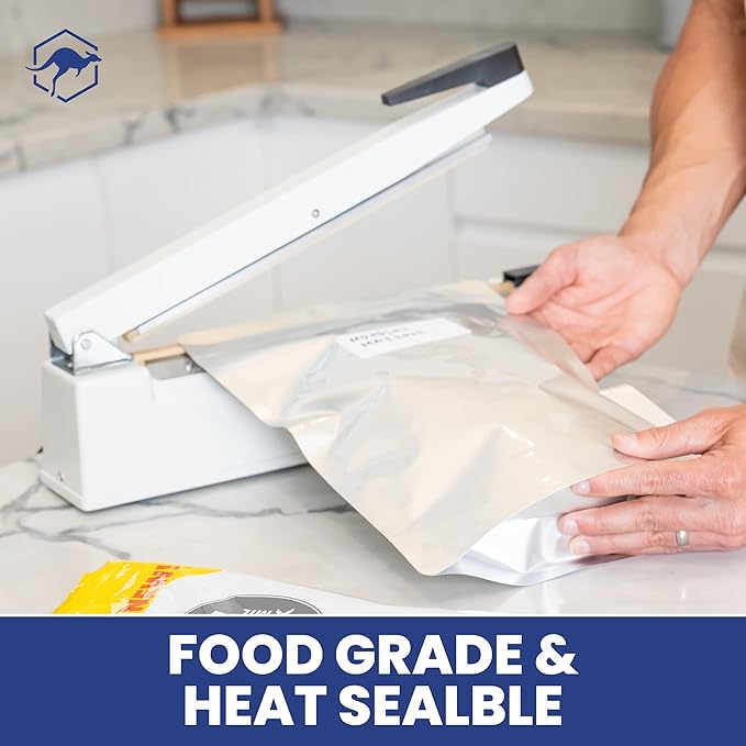 Wallaby 50 Count 1-Gallon Gusset Mylar Bags with Labels, 15 Mil Total Thickness Long-Term Food Storage Pouches, 15x12 Stand-Up Zipper Heat-Sealable Airtight Packaging - Silver