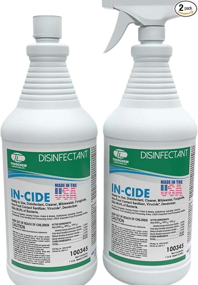 In-Cide Disinfectant Spray EPA Registered Kills 99.9% of Germs Norovirus MRSA – Multi Surface Cleaner for Homes Schools Hospitals Fresh Scent 32 oz 2 Pack