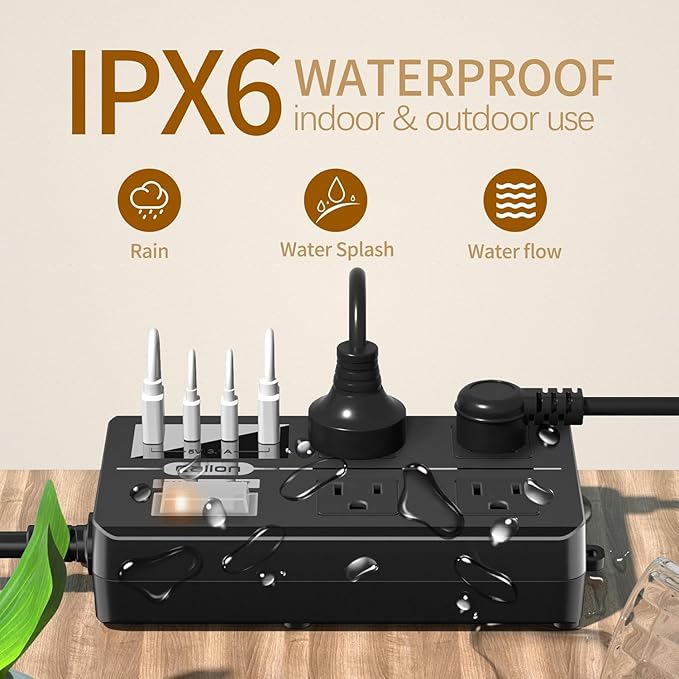 IPX6 Outdoor Power Strip Weatherproof, Waterproof Surge Protector with 4 Wide Outlet with 2A2C USB Ports, 10FT Long Extension Cord, Wall Mountable for Outside Decorations and More UL Listed(Black)