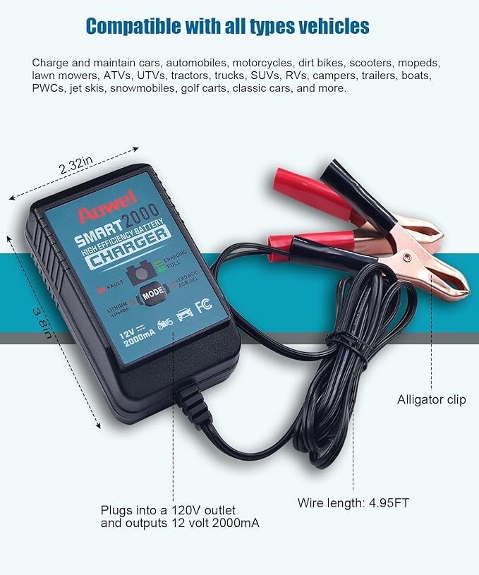 12V, 2-Amp Fully Automatic Battery Charger & Maintainer for Car, Lawn Mower, ATV, Motorcycle, Boat, Marine Lithium(LifePO4) and AGM, Deep Cycle Lead-Acid Batteries