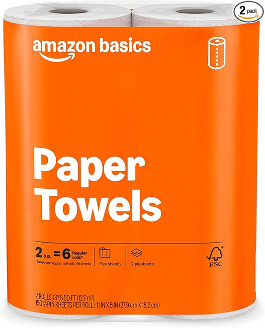 Amazon Basics 2-Ply Flex-Sheets Paper Towels, 2 Basics Rolls = 6 Regular Rolls, Everyday Value with 150 Sheets per Roll, Packaging May Vary