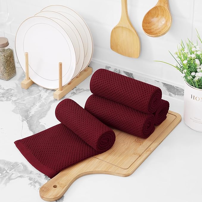 Kitinjoy 100% Cotton Waffle Weave Kitchen Towels, 8-Pack Super Soft and Absorbent Dish Towels for Drying Dishes, Kitchen Hand Towels, 13 in x 28 in, Burgundy