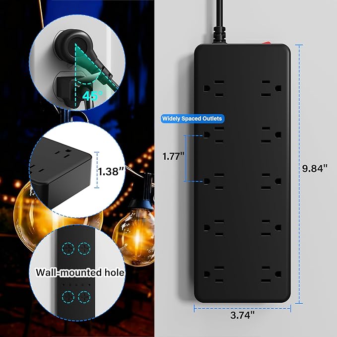Outdoor Power Strip 10 Ft, IPX6 Waterproof Surge Protector 10 Widely Spaced AC Outlets Extension Cord, 45° Flat Plug, Wall Mountable, 14 Gauge 125V for Garden Patio Camping Christmas Lights-ETL