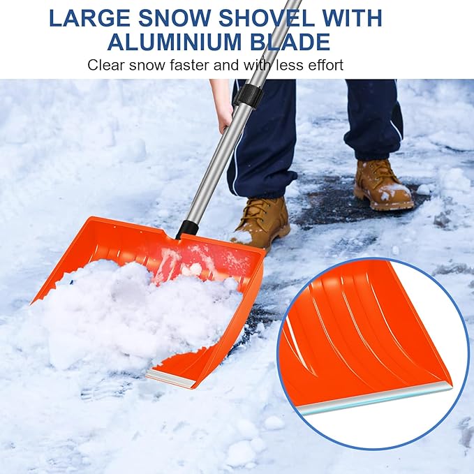 Ergonomic Large Snow Shovel for Driveway: 48-Inch Dual-Lock Knob Anti-Wobble Handle, 16" Plastic Blade w/Metal Edge, Ultra-Light 1.9 lb, Portable Aluminum Shaft, Car, Camping & Emergency, Orange
