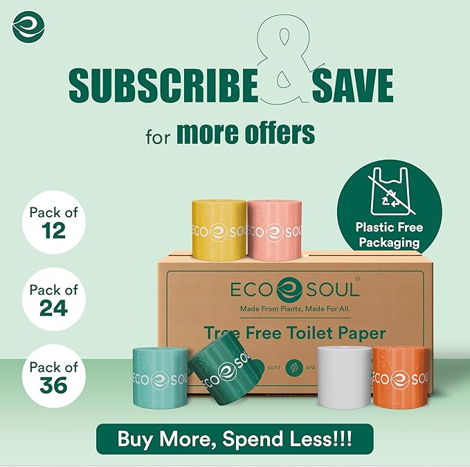 ECO SOUL Bamboo Toilet Paper 12 Mega Rolls 3 Ply, 300 Sheets per Roll | Eco-Friendly Septic Safe Organic Bath Tissues Sustainable Toilet Paper Compostable - FSC Certified
