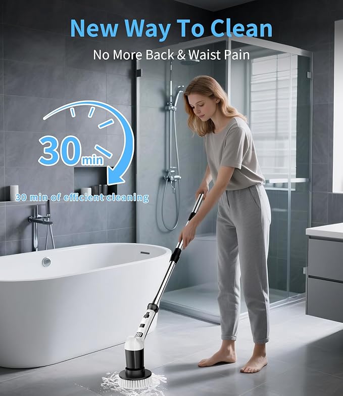 Electric Spin Scrubber with 3 Speed, Adjustable Extension Handle, 8 Brush Heads,Cordless Power Cleaning Brush for Bathroom, Tile, Kitchen-Black
