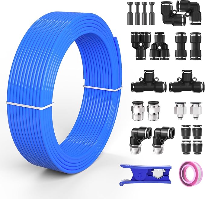 5/32 4mm Air line,5/32 inch OD Air Hose Kit,Airline Tubing Repair Kit Compressor Tube with Push to Connectors Fittings (Blue-32.8FT/10M)