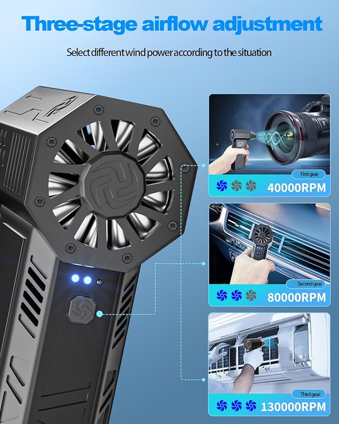 Electric Air Duster-130000RPM Super Power Cordless Air Duster, Rechargeable Brushless Motor Durable Blower, 3-Gear Adjustable Dust Blower for Computer, Keyboard, Outdoor, House and Car