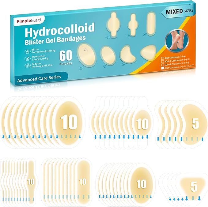 60ct Blister Bandages for Feet Hydrocolloid Bandages Waterproof Blister Cushion for Feet Toes Heels Blister Pads for Prevention Variety Pack
