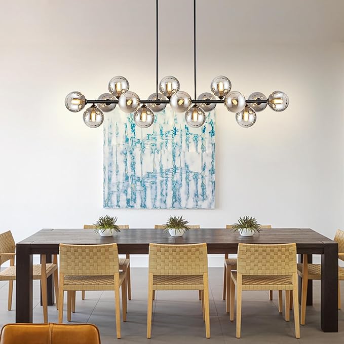 Chandelier,16-Light Large Pendant Lights Kitchen Island Black Linear Sputnik Chandelier Modern Chandeliers for Dining Room Bubble Gray Globe Island Lights for Kitchen Farmhouse Chandelier 55in