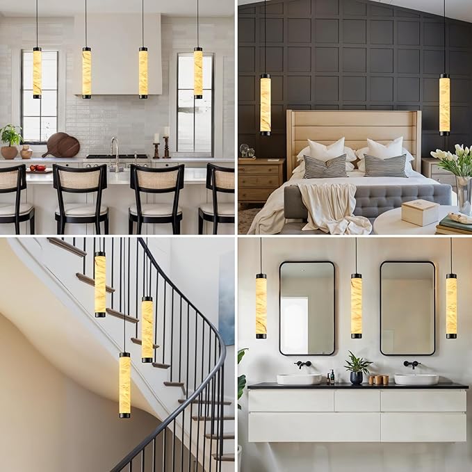 20" Alabaster Pendant Lights, 2PCS Natural Marble Cylinder Black Pendant Light, Adjustable Modern Ceiling Light Fixtures for Kitchen Island, Dining Room, Bedroom, Living Room, Bathroom