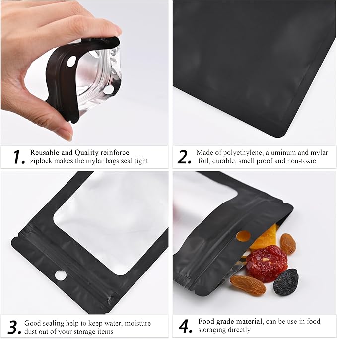 100 Pack Resealable Plastic Bags for Food Storage, Zipper Bags with Clear Front Window, Packaging Pouch for Small Business (Black, 4.3x7.1 inch)
