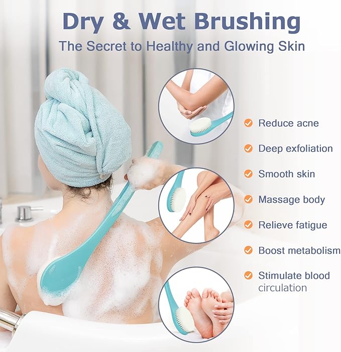 Body Back Scrubber – 17'' Long Handle Shower Brush, Durable Exfoliator for Dry & Wet Use, Deep Cleansing & Gentle Exfoliation for Smooth Skin – for Men, Women & Elderly (Gray)