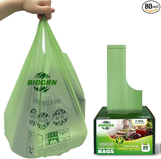 2.6-3 Gallon Compostable Trash Bags with Handles 80 Count 0.67 Mil 11.36 L Small Kitchen Wet Food Scrap Waste Compost Bag for Countertop Bin ASTM D6400 US BPI and OK Compost Home Certified