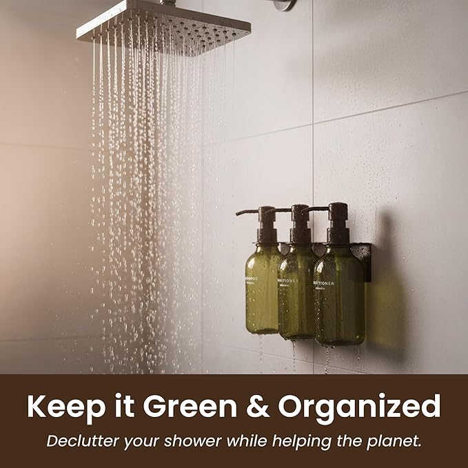 MaisoNovo Shampoo and Conditioner Dispenser - Shower Soap Dispenser Wall Mounted - 16.9 fl oz Set of 3 Green Plastic Bottles Black Pump - Shampoo Dispenser, Shower Dispenser