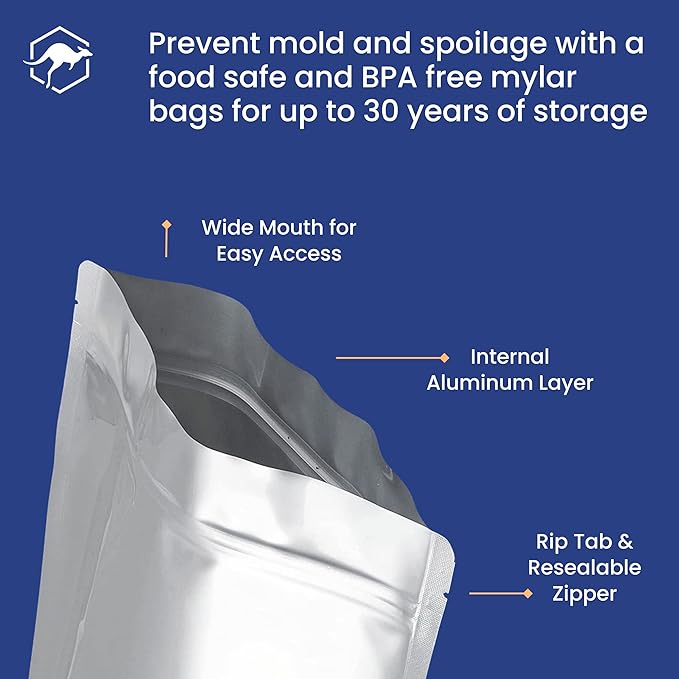 Wallaby 50 Count 2-Quart Gusset Mylar Bags with Labels, 14 Mil Total Thickness Long-Term Food Storage Pouches, 15x12 Stand-Up Zipper Heat-Sealable Airtight Packaging - Silver