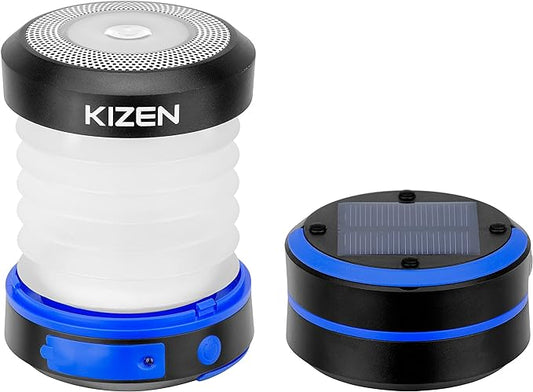 Kizen Outdoor Solar Lantern - Solar or Plug Rechargeable Lantern - Collapsible LED Light for Power Outages - Camping Essential Lamp for Tent Light, Hanging, or Flashlight