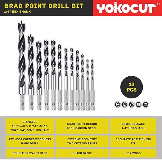 Brad Point Drill Bits Set, 13pcs for Woodworking, 1/4" Hex Shank 1/8" to 1/2" Wood Drill Bits for Hardwood, Plywood, PVC, Drywall, Lumber