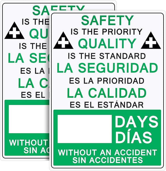 2 Pcs Plastic Days Without Accident Sign 20" x 14" Write a Day Sign Setting the Standard in Safety Quality Excellence Safety Is the Priority Quality Is Standard(Bilingual)