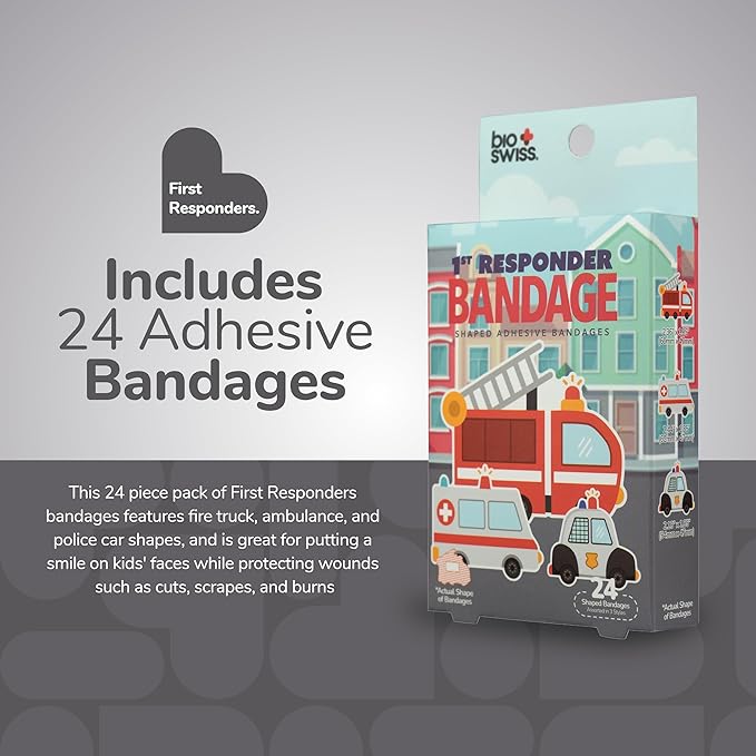 BioSwiss Kids Bandages, First Responders Shaped Self Adhesive Bandage Set, Latex Free, Sterile Wound Care, 24 Count