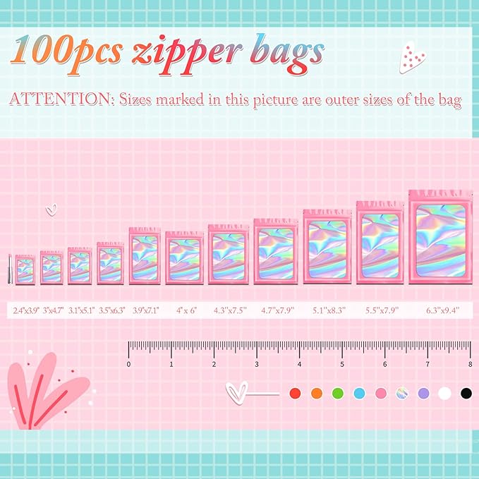 Funfery 100 pcs Pink Smell Proof Mylar Holographic Bags Packaging Bags,Clear Resealable Odor Proof Bag Foil Pouch Bag for Food Storage,Lipgloss,Jewelry,Eyelash Packing for Small Business(3.1x5.1In)