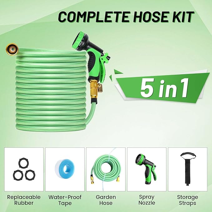 Non-Expandable Garden Hose 50 ft, Flexible Water Hose with 10 Function Nozzles, Leak-Proof Design High-Density Fabric&Shut-Off Valve, Hose Straps Garden Hose Pipe for Car Wash, Yard, Camper, Lawn