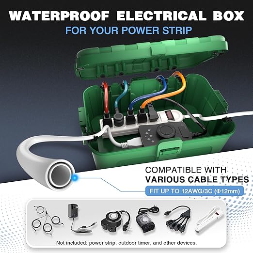 Flemoon IP54 Waterproof Electrical Box, Outdoor Plug Cover Weatherproof, for Outdoor Outlet, Timer, Extension Cord, Power Strip, String Light, Green