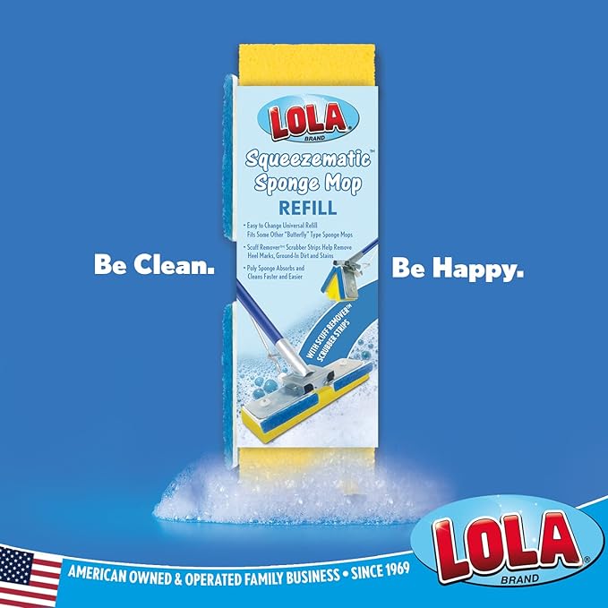 LOLA Squeeze Matic Butterfly Sponge Mop Refill, 9", 6 Pack Replacement Head, Floor Cleaning, Comparable w/Quickie Type S Sponge Mop Refill