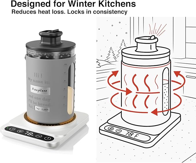 Sourdough Starter Warmer with Sourdough Starer Jar Set, Personalized 34oz Large Glass Fermentation Jar with Silicone Sleeve, Auto On/Off, 12H Timer – Ideal for Winter Home Baker White