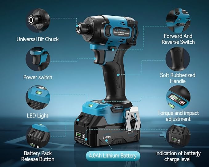 Tilswall 20V Cordless Impact Driver, 260Nm Torque Brushless, 4-Speed (0-3600 RPM), High Torque Impact Driver with LED Light, 1/4" Impact Driver, 4Ah Battery and 2.0Ah Fast Charger Included
