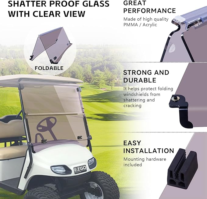 EZGO TXT 2014+ Flip Flop Compact Golf Cart Windshield, Tinted Color, 3/16" Thickness, Fits EZGO TXT 2014+