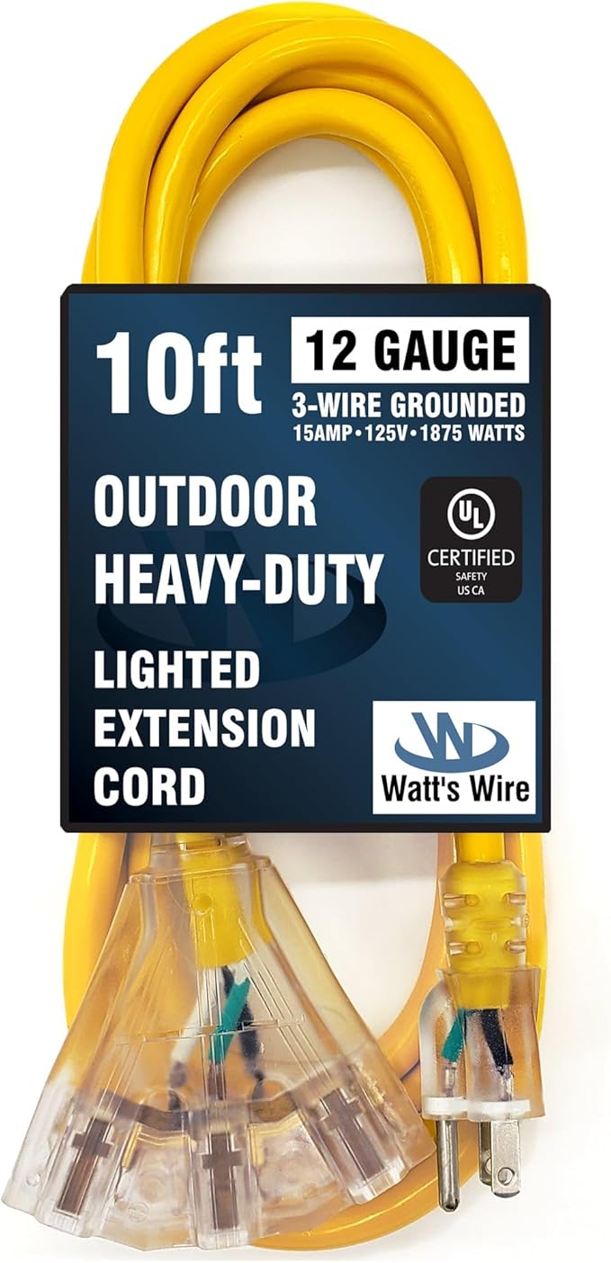 10 ft Outdoor Extension Cord Waterproof - 12 Gauge Heavy Duty Extension Cord Splitter - Lighted Outdoor Extension Cords with Multiple Outlets - Watts Wire - 10' Grounded - extensiones electricas