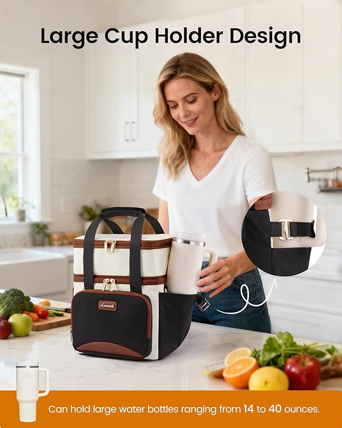 LOVEVOOK Insulated Lunch Bag For Women Men,Expandable Double Deck Lunch Box With Large Cup Holder,Leakproof Cooler Bag For Adult Lunch Tote Bag Work Picnic Beach with Adjustable Shoulder Strap Gift