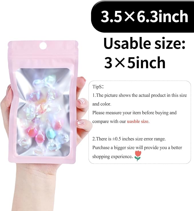 100 Pack Resealable Plastic Bags for Food Storage, Zipper Bags with Clear Front Window, Packaging Pouch for Small Business (Pink, 3.5x6.3 inch)