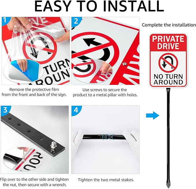 GicnKeuz Private Driveway No Turn Around Signs with 36" Heavy Duty Metal Stakes, 14"x10" .040 Aluminum Reflective Signs, Fade Resistant/Waterproof, Including Screws, Easy to Install, Outdoor Use (2 Pack)