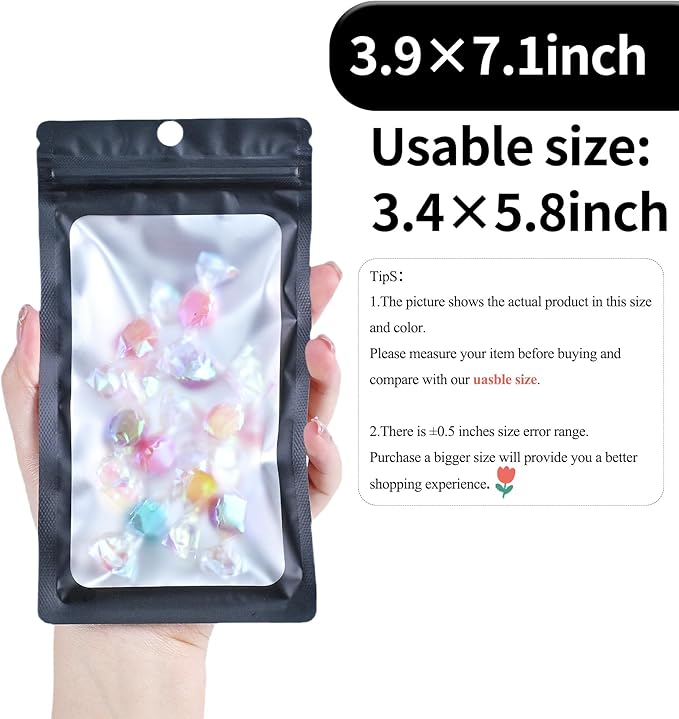 100 Pack Resealable Plastic Bags for Food Storage, Zipper Bags with Clear Front Window, Packaging Pouch for Small Business (Black, 3.9x7.1 inch)