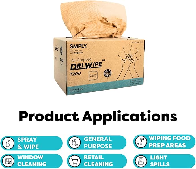 Dri-Wipe™ T200 by SMPLY Brands – Two-Ply Center-Pull Kraft Wipes, 18 Boxes of 125 (2,250 Total) – All-Purpose Disposable Wipes for Retail, Food Prep, Window Cleaning, and Light Spills
