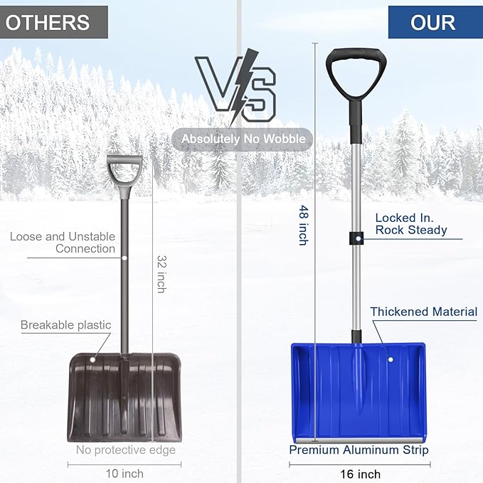 Ergonomic Large Snow Shovel for Driveway: 48-Inch Dual-Lock Knob Anti-Wobble Handle, 16" Plastic Blade w/Metal Edge, Ultra-Light 1.9 lb, Portable Aluminum Shaft, Car, Camping & Emergency, Blue