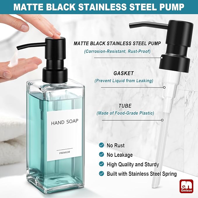 GMISUN Glass Soap Dispenser with Stainless Steel Pump, Clear Hand Soap Dispenser for Bathroom, 12 fl oz/350ml Hand and Dish Soap Dispensers Set for Kitchen, Refillable Liquid Soap and Lotion Bottle
