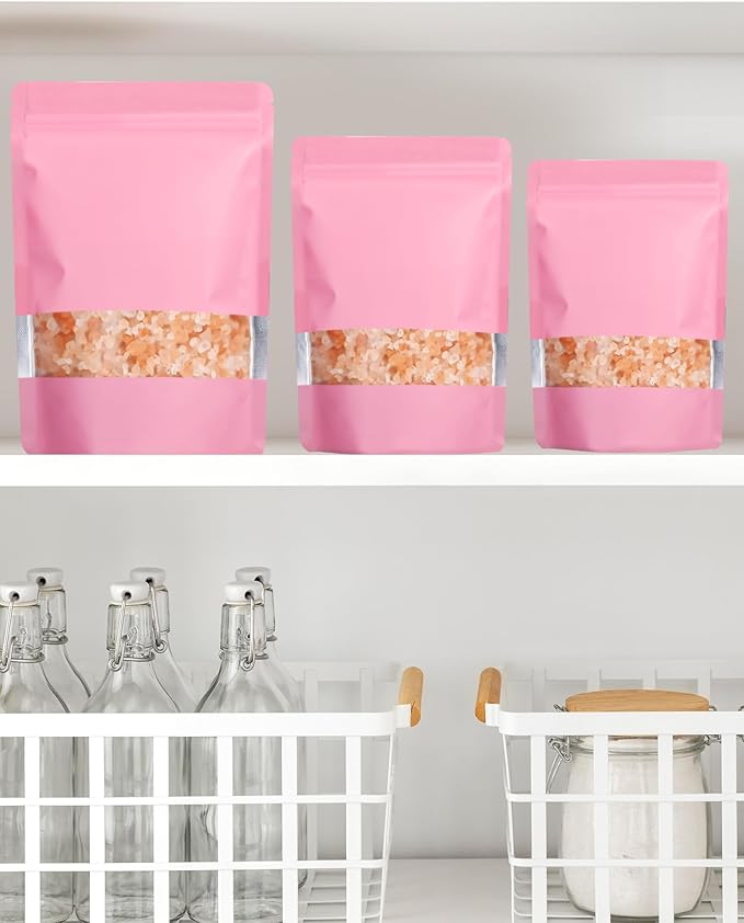 FireKylin 100 Pack Smell Proof Bags 6.3" x 9.4", Resealable Bags with Matte Window, Foil Pouch Stand Up Sealable Bags for Packaging（Pink）