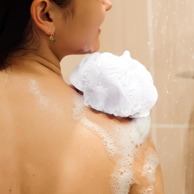 12 Pcs Travel Size Loofah Individually Wrapped, Small Shower Puff Bath Sponge Pouf Ball Bulk Mesh Bath Puff Mini Loofah Sponge with Case Bulk for Shower Care (25g,White)