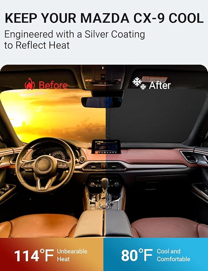 Proadsy 2025 Upgrade Windshield Sun Shade Custom Fit Mazda CX-9 CX9 2016-2024 2025 4-Layer Foldable Front Sunshade Protector Sun Visor Blocks UV Rays Keep Car Cooler