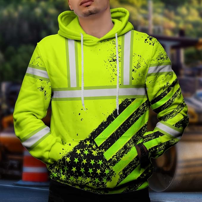 Color US Flag High Visibility Hoodie for Men Women Reflective Tapes Safety Workwear for Worker Runner Patriotic