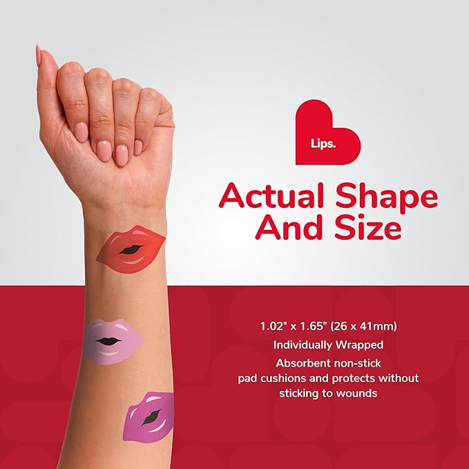 BioSwiss Kids Bandages, Lips Shaped Self Adhesive Bandage Set, Latex Free, Sterile Wound Care, 50 Count
