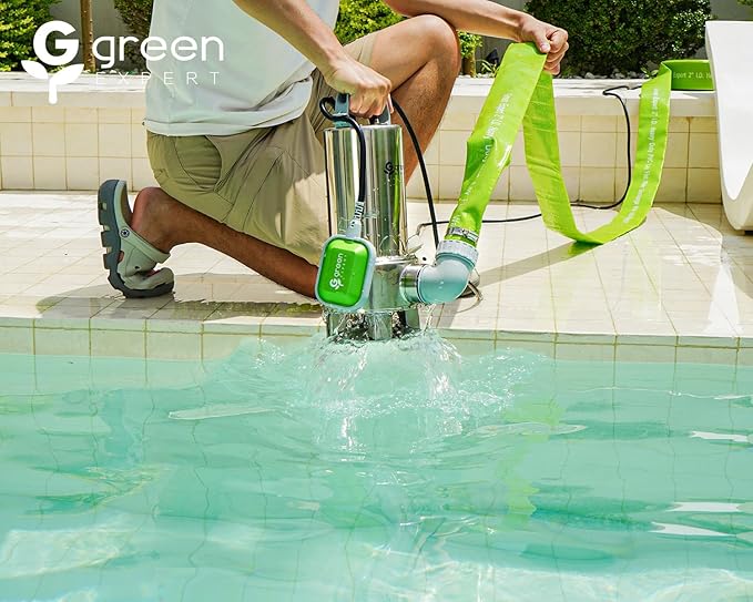 Green Expert 1.5HP Submersible Sump Pump 6000GPH High Flow Full 304 Stainless Steel with tethered Float Switch for Automatically Water Draining in Flooded Basement Pit Sewage Sink Pool Hot Tub