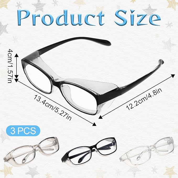 3 Pack Safety Glasses Nurses Goggles Anti Fog Protective Eyewear Square Clear Stylish Lab Goggles Scratch Side Shields Eyewear Light Eye Glasses for Women Men Adults Essentials