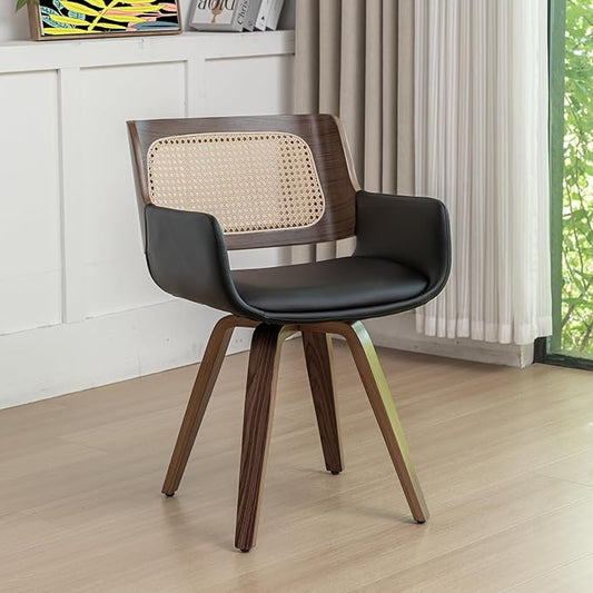 Set of 1 Swivel Dining Chairs - MCM Dining Chairs with Faux Leather Curved Arms, Cane Back, Walnut Bentwood Frame, Ideal for Kitchen/Living Room/Restaurant (Black)